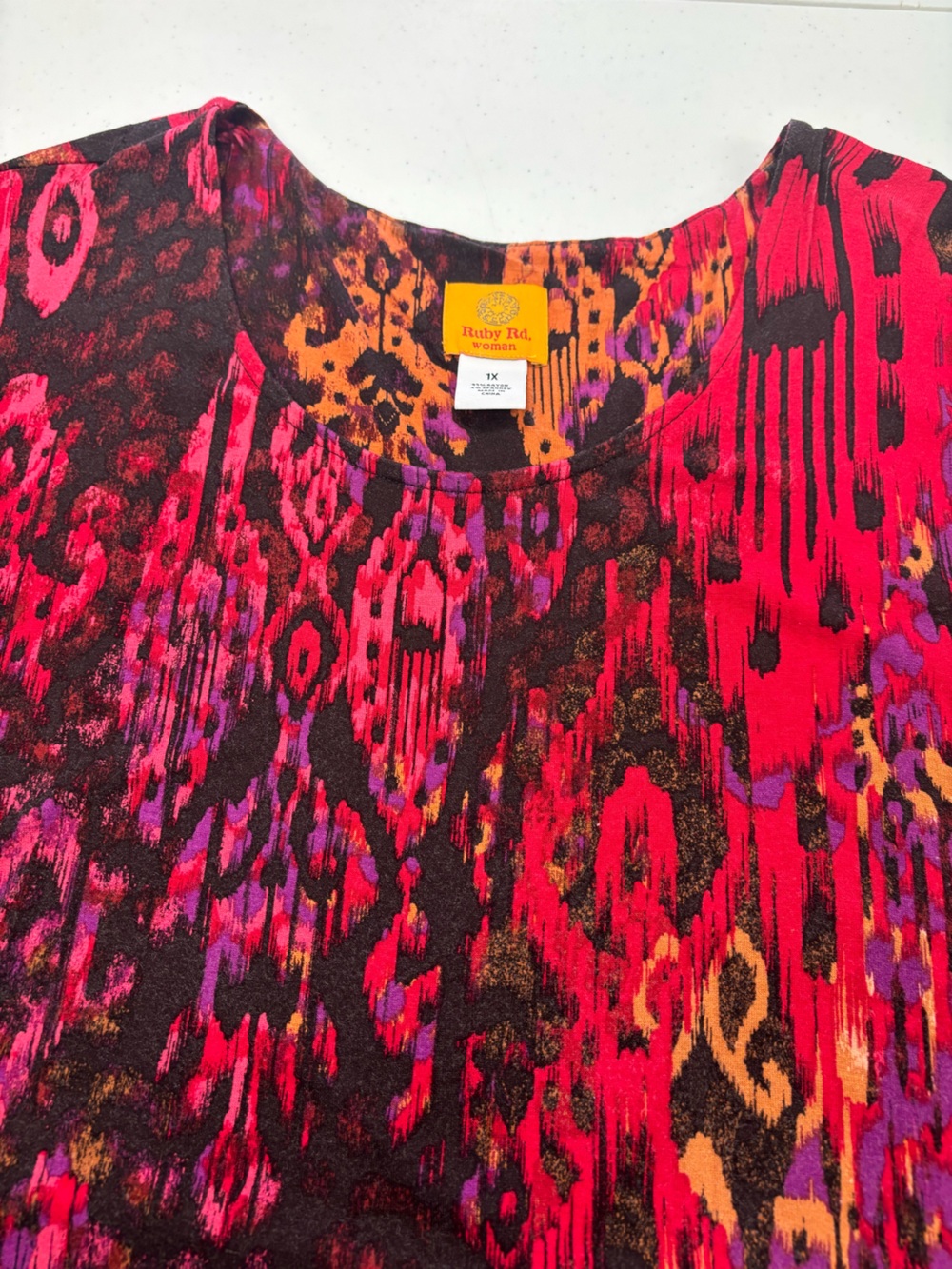 RUBY ROAD TUNIC TOP BLOUSE WOMEN XL  FIRE RED MULTICOLOR 3/4 SLEEVE